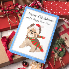 Cartão De Festividades Adorável Yorkie de Natal com Chapéu de Papai Noel