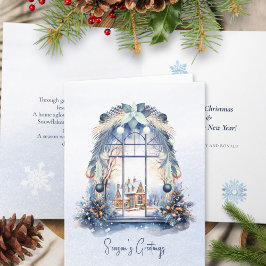 Cartão De Festividades Adorno Azul Nórdico Folhagem Janela Natal Poema