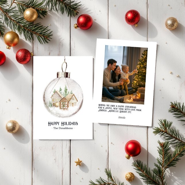 Cartão De Festividades Adorno de Natal com Foto em Aquarela Neutra para o (Neutral Watercolor Holiday Ornament Photo Xmas Holiday Card)