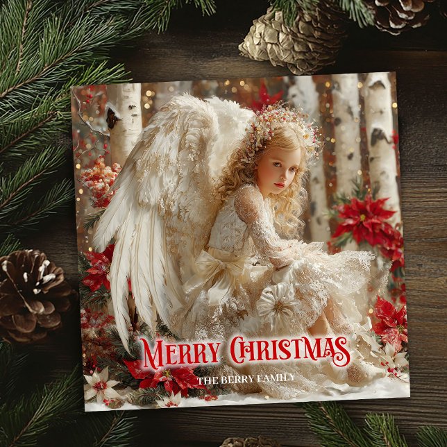 Cartão De Festividades Aerial Christmas angel red poinsettias ethereal  (Aerial Christmas angel red poinsettias ethereal greeting card

)