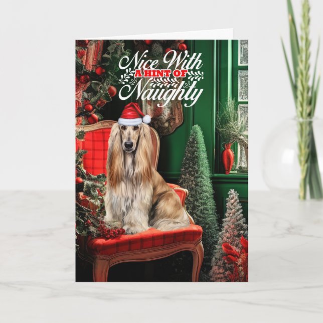 Cartão De Festividades Afghan Hound Christmas Dog Naughty or Nice (Frente)