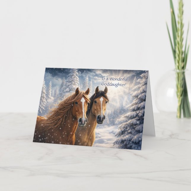 Cartão De Festividades Afilhada Natal com Cavalos na Neve  (Frente)