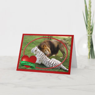 Cartão De Festividades African Lion & White Tiger Playing Valentine Cards