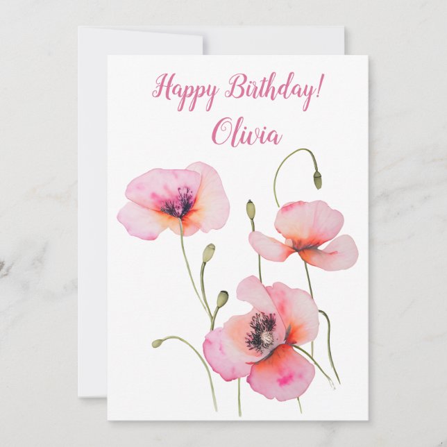 Cartão De Festividades Agosto flor-de-nascimento Papoila-rosa Aquarela Fl (Frente)