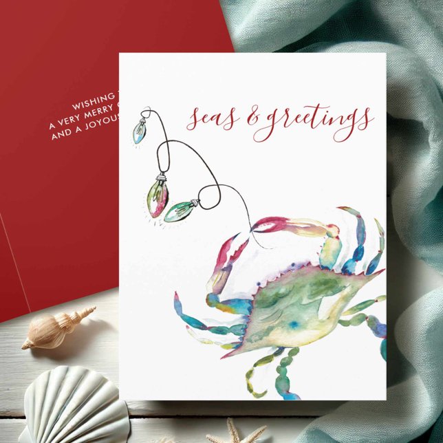 Cartão De Festividades Água Costeira Aquarela Caranguejo Praia Natal (Beach Christmas cards watercolor blue crab art by Victoria Grigaliunas Do Tell A Belle)
