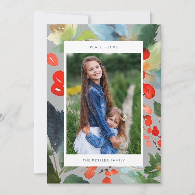 Cartão De Festividades Água Natal Floral Estiloso Duas Foto Cinza (Frente)