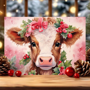 Cartão De Festividades Água Rosa Natalina Bebê Vaca Azevinho Natal