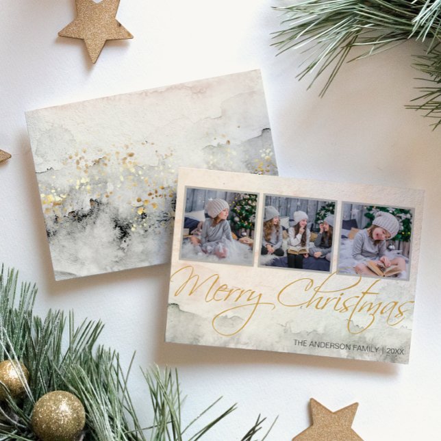 Cartão De Festividades Água Rústica Aquarela Três Foto Feliz Natal (Criador carregado)