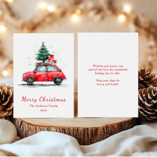 Cartão De Festividades Aguarela Carro Vermelho com Árvore e Presentes Nat