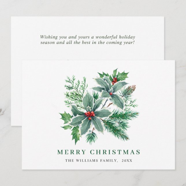 Cartão De Festividades Aguarela Festiva de Azevinho e Frutas Natalinas (Frente/Verso)