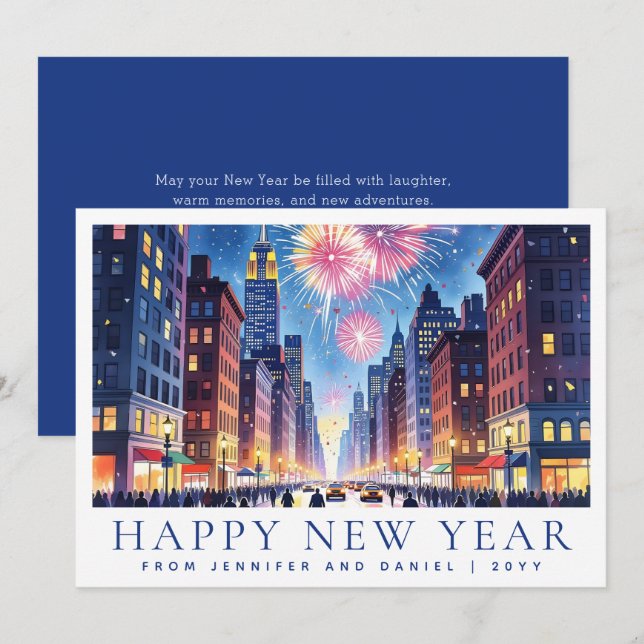 Cartão De Festividades Aguarela Fogos de Ano Novo Nova York (Frente/Verso)