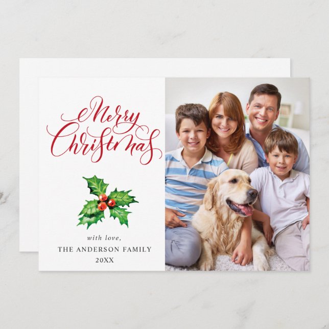 Cartão De Festividades Aguinaldo Festivo de Natal com Folhas de Azevinho  (Frente/Verso)