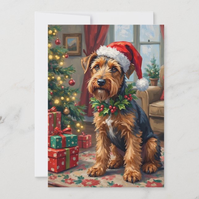 Cartão De Festividades Airedale Terrier Santa Hat Christmas Fun Art (Frente)
