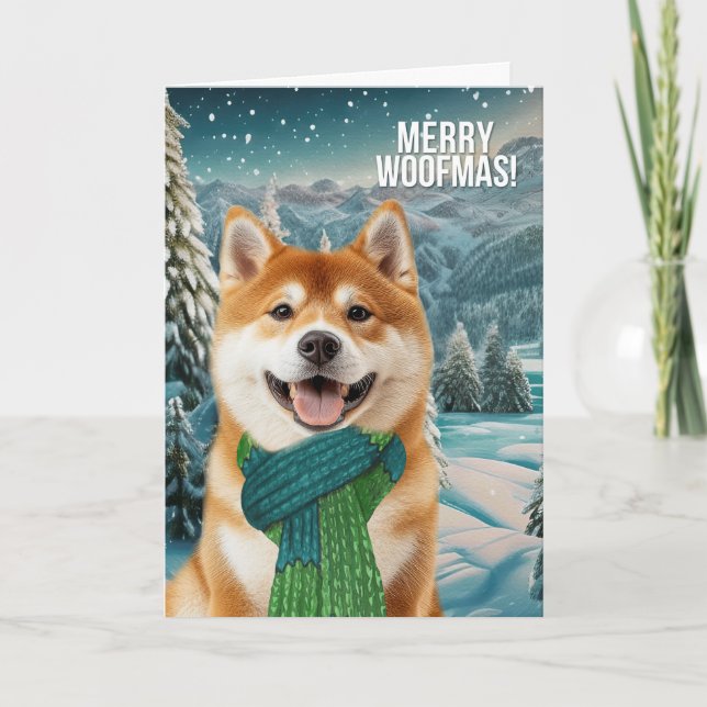 Cartão De Festividades Akita Dog in Winter Scarf Merry Woofmas (Frente)