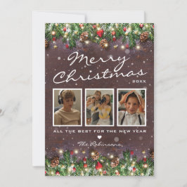 Cartão De Festividades Álbum de madeira vintage de Natal com 3 fotos