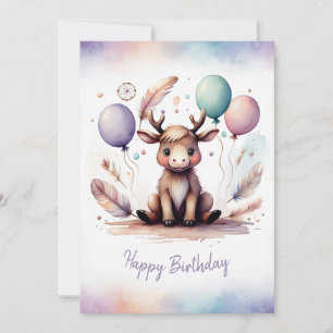 Cartão De Festividades Alce Adorável em Aquarela Feliz Aniversário