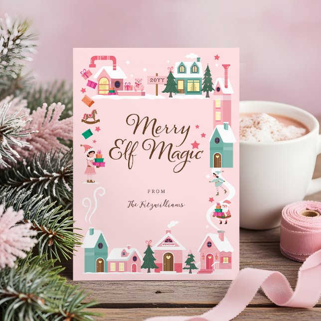 Cartão De Festividades Aldeia Rosa Santa Claus do Polo Norte (North Pole Elf Workshop Santa Claus Pink Village Holiday Card)