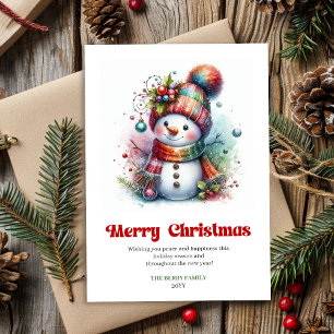 Cartão De Festividades Alegre boneco de neve de desenho animado aquarela