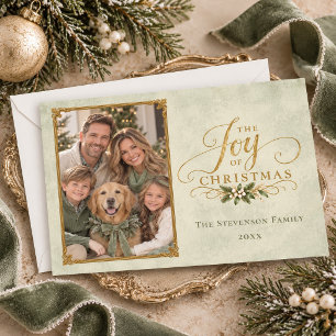 Cartão De Festividades Alegre Foto de Família de Natal em Elegante Verde 