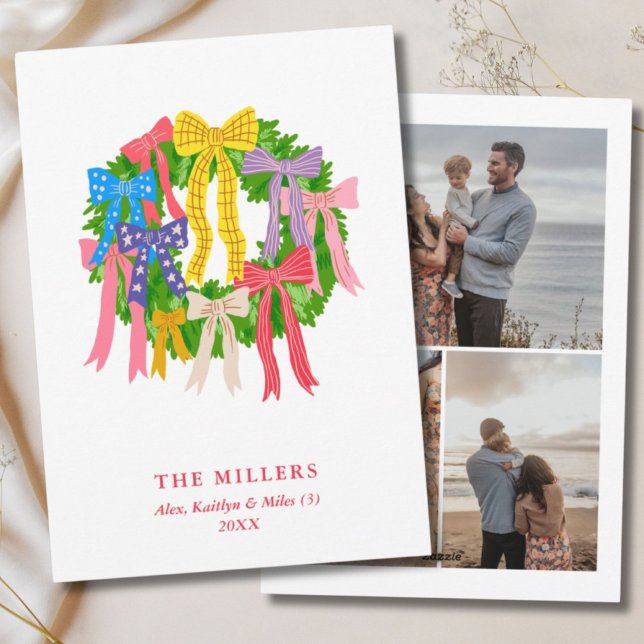 Cartão De Festividades Alegre Grinalda de Natal Diversão Arcos 3 Foto Fam (Colorful Christmas Wreath Fun Bows 3 Photo Family Holiday Card
)