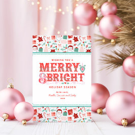Cartão De Festividades Alegre Merry & Bright | Retrô Folhas de Holly Rosa