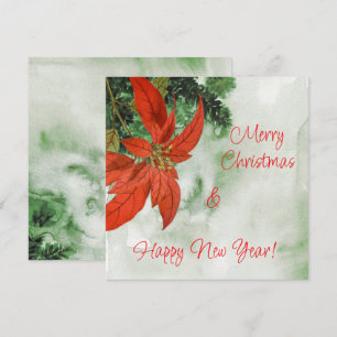 Cartão De Festividades Alegre Natal em Aquarela Poinsettia Vermelha