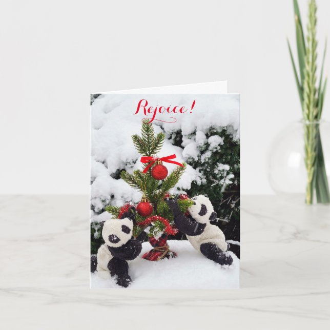 Cartão De Festividades Alegrem-se Pandas no Natal e Ano Novo em Diversão (Frente)