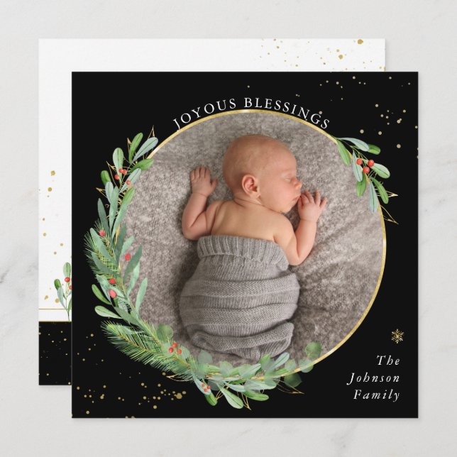 Cartão De Festividades Alegres Bênçãos de Natal em Verde Folhagem aquarel (Frente/Verso)