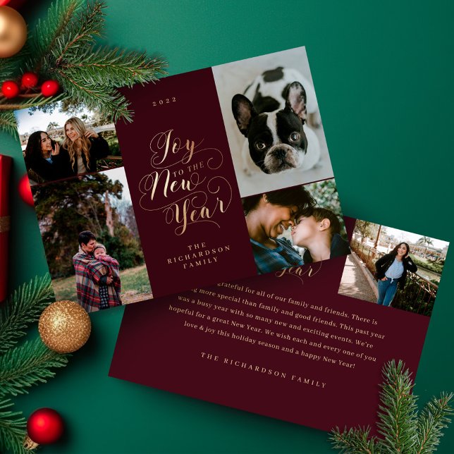 Cartão De Festividades Alegria ao Ano Novo | Seis Fotografias Elegante (Joy to the New Year | Six Photo Elegant Script Holiday Card)