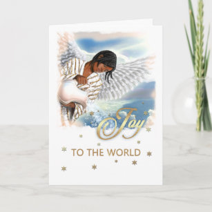 Cartão De Festividades Alegria ao Mundo. Anjo Americano Africano