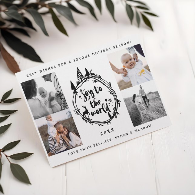 Cartão De Festividades Alegria ao Mundo | Árvore Pinheiro Negro Múltipla  (Joy To The Word | Black Pine Tree Multiple Photo Holiday Card)