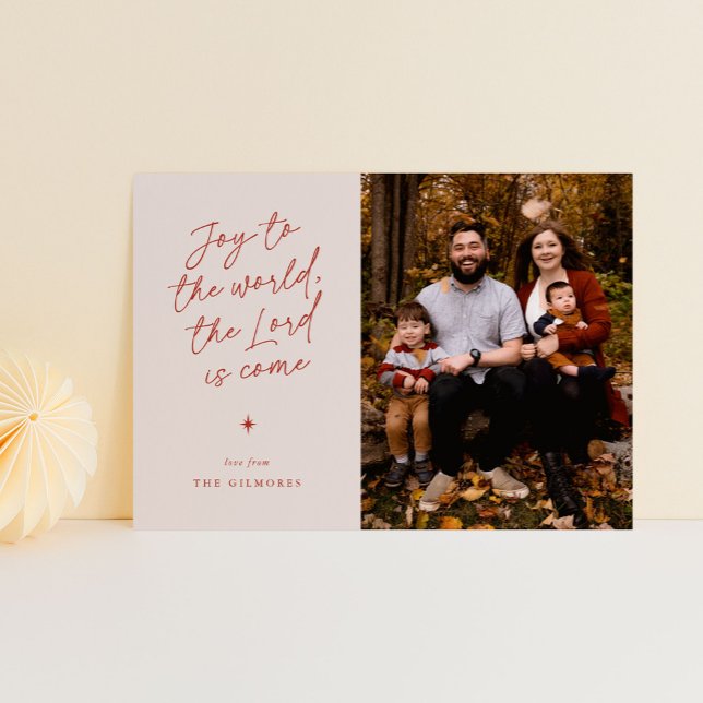 Cartão De Festividades Alegria ao Mundo Manuscrito Natal Religioso (joy to the world in a handwritten script - 1-photo religious Christmas card)