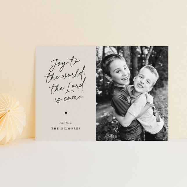 Cartão De Festividades Alegria ao Mundo Manuscrito Natal Religioso (joy to the world in a handwritten script - 1-photo religious Christmas card)