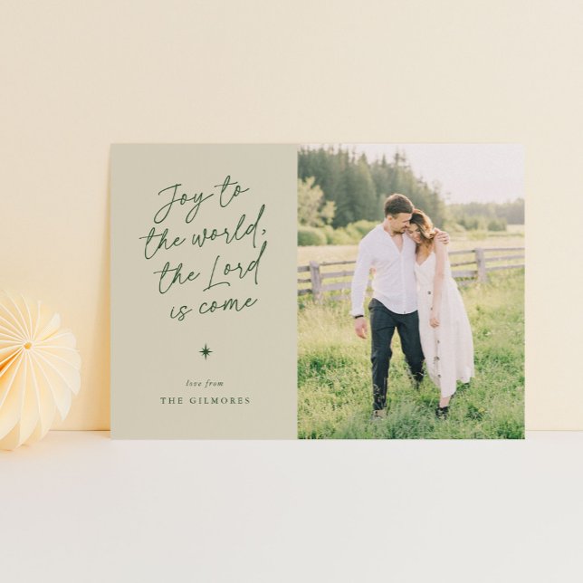 Cartão De Festividades Alegria ao Mundo Manuscrito Natal Religioso (joy to the world in a handwritten script - 1-photo religious Christmas card)