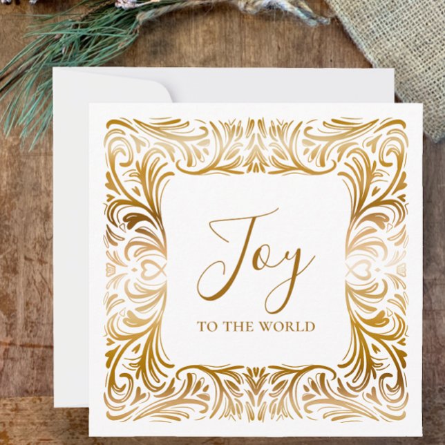 Cartão De Festividades Alegria ao mundo Ouro Elegante Personalizado Natal (Joy to the world, golden elegant original art Christmas card.  Customize text and add family name.)