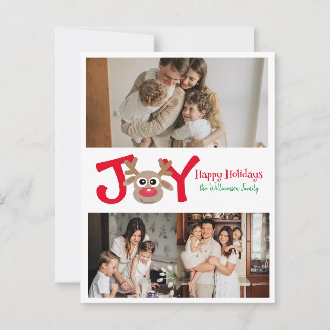 Cartão De Festividades Alegria Divertido Fofo 3 Foto Cartoon Rena Branco (Frente)