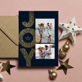Cartão De Festividades Alegria dois fotos Natal dourado falso azul marinh