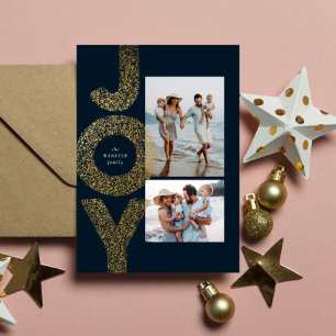 Cartão De Festividades Alegria dois fotos Natal dourado falso azul marinh