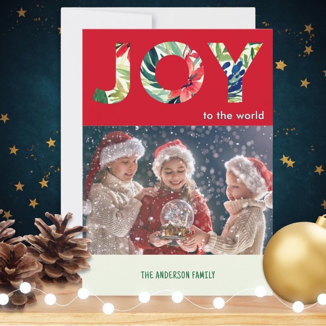 Cartão De Festividades Alegria Festiva Brilhante Para O Feliz Natal (A modern Christmas card to personalize with a photo and name(s), with 'Joy to the world' wording)