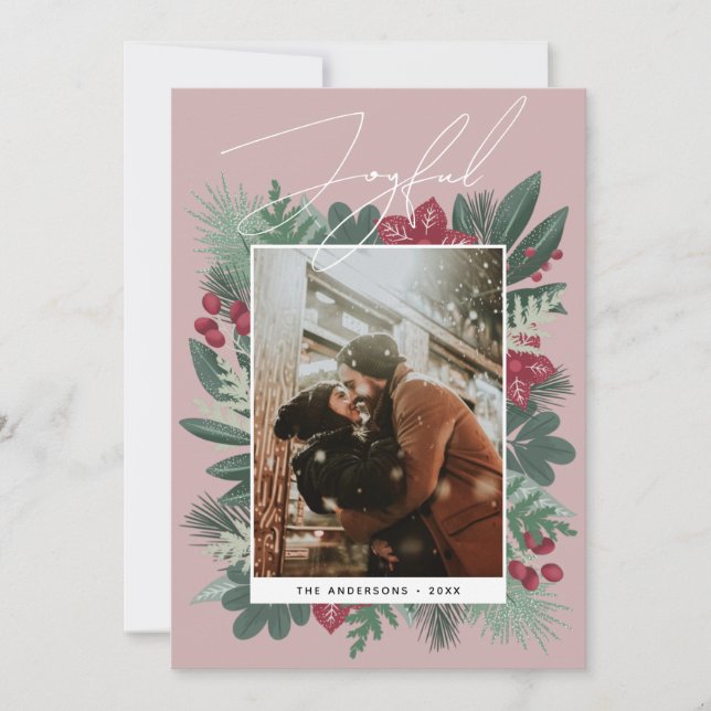 Cartão De Festividades Alegria. Foto botânica de Natal de inverno (Frente)