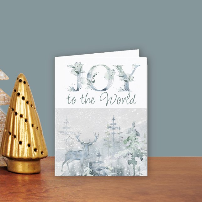 Cartão De Festividades Alegria para o Mundo Inverno Aquarela Veado da Flo (Joy to the World Christmas Card. Buy professionally printed or as printable digital download.)