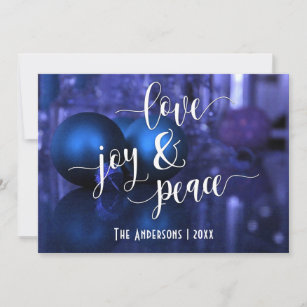 Cartão De Festividades Alegria & paz do amor com os ornamento azuis &