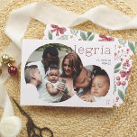 Cartão De Festividades Alegría | Tarjeta Navideña Moderna con 2 Fotos<br><div class="desc">Elegante y moderna tarjeta de Navidad. El diseño presenta dos en forma circular, dándole un toque contemporáneo a sus recuerdos más destacados. La foto más pequeña se superpone sobre la más grande. La palabra "Alegría" aparece en tipografía minimalista de color rojo en la esquina superior y el nombre de su...</div>