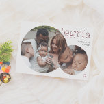 Cartão De Festividades Alegría | Tarjeta Navideña Moderna con 2 Fotos<br><div class="desc">Elegante y moderna tarjeta de Navidad. El diseño presenta dos en forma circular, dándole un toque contemporáneo a sus recuerdos más destacados. La foto más pequeña se superpone sobre la más grande. La palabra "Alegría" aparece en tipografía minimalista de color rojo en la esquina superior y el nombre de su...</div>