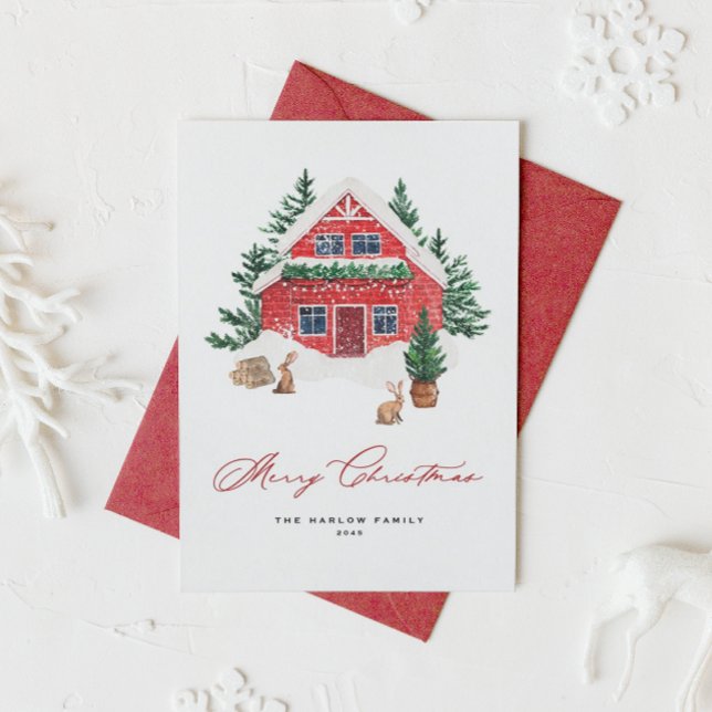 Cartão De Festividades Algodão Vermelho com Aquarela no Natal da Floresta (Send warm wishes with this watercolor Christmas card featuring a charming red cottage.)