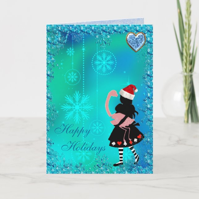 Cartão De Festividades Alice & Flamingo Blue Sequins Christmas Card (Frente)
