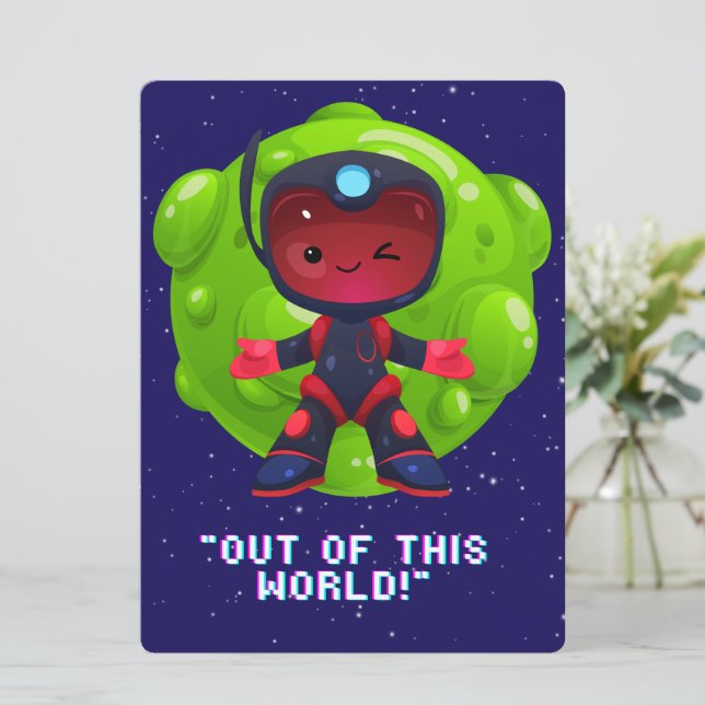 CARTÃO DE FESTIVIDADES ALIEN ,UNIVERSO, ESPACONAVE, PLANETA E ASTRONAUTAS (Em pé/Frente)