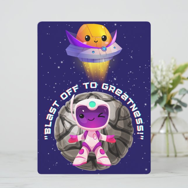 CARTÃO DE FESTIVIDADES ALIEN ,UNIVERSO, ESPAÇONAVE, PLANETA E ASTRONAUTAS (Em pé/Frente)