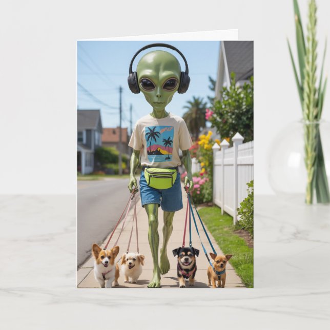 Cartão De Festividades Alien Walkin' the Dog Card (Frente)
