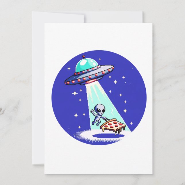 Cartão De Festividades Alienígena Pizza Abdução - Engraçado Pixel Art UFO (Frente)